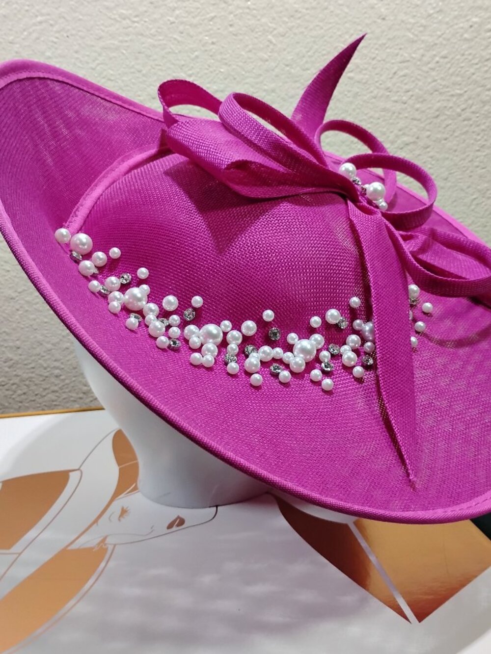 Fuchsia Pink Fascinator Hat Pearls Rhinestones Bow Headband Tea Party Derby